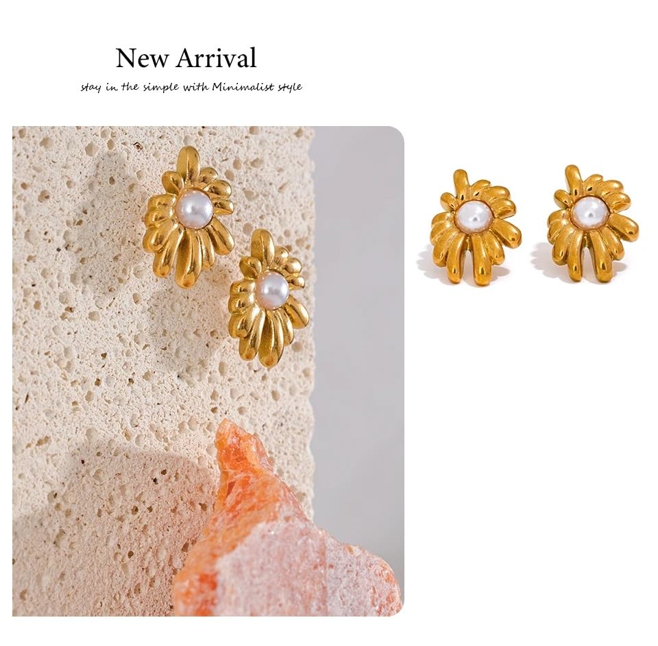 El Regalo Stainless Steel Pearl Flower Stud Earrings- Glamorous, Elegant, Anti Tarnish/Waterproof Geometric Design, Gold Polished Finish for Women & Girls