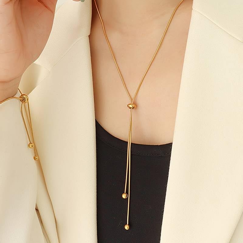 El Regalo Women's Stainless Steel Slider Tie Necklace- Anti-Tarnish/Waterproof Fashion Snake Chain Sliding Beads Necklace (Gold)