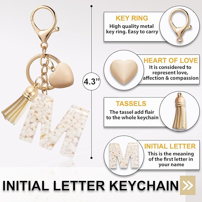El Regalo Name Initials Letter Heart Charm Keychain - Personalized Resin Initial Keyring with Tassel, Cute & Durable Backpack Charm for Women & Girls (M Letter)