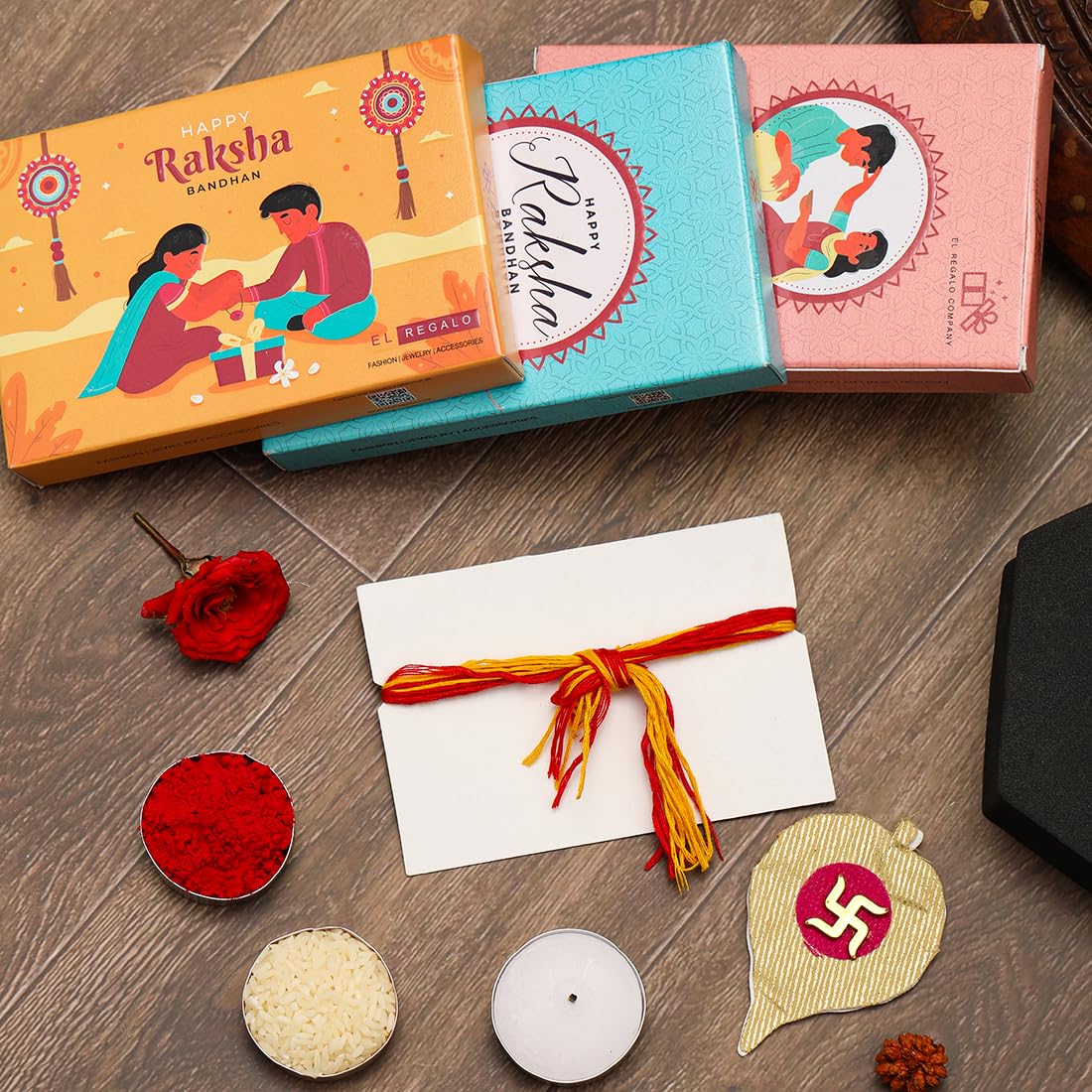 El Regalo 1 PC Moli Rakhi for Bhaiya - Rakshabandhan Moli Charms Rakhi with Message Card & Roli Chawal Shagun in Rakhi Box (Hamsa Hand Moli Rakhi)