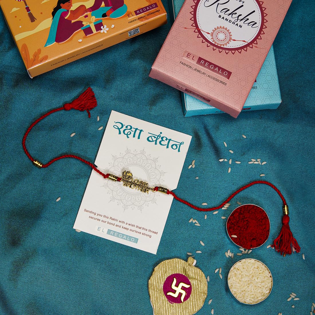 El Regalo Loving Brother Peacock Feather Thread Rakhi for Bhai/Bhaiya- Krishna Feather Red Thread Rakhi with Roli Chawal Shagun Pack, Rakhi Message Card in Rakhi Gift Box
