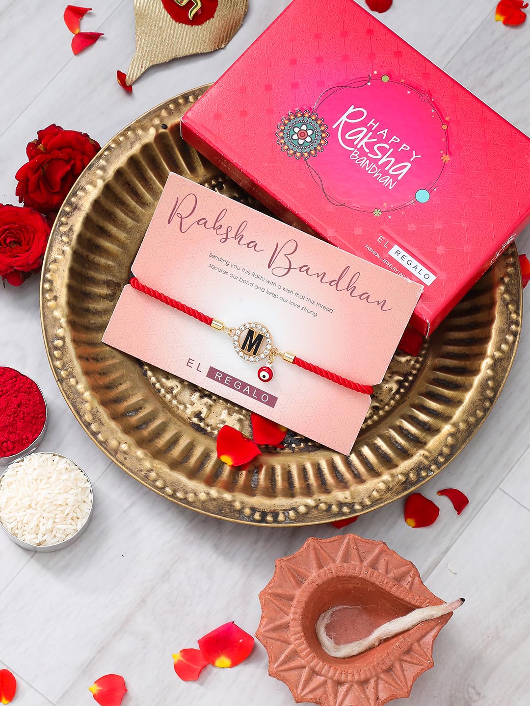 El Regalo Name Initials Evil Eye Bracelet Rakhi for Brother- Name Letter CZ Rakhi with Roli Chawal, Message Card in Rakshabandhan Box for Bhai (Red- M)