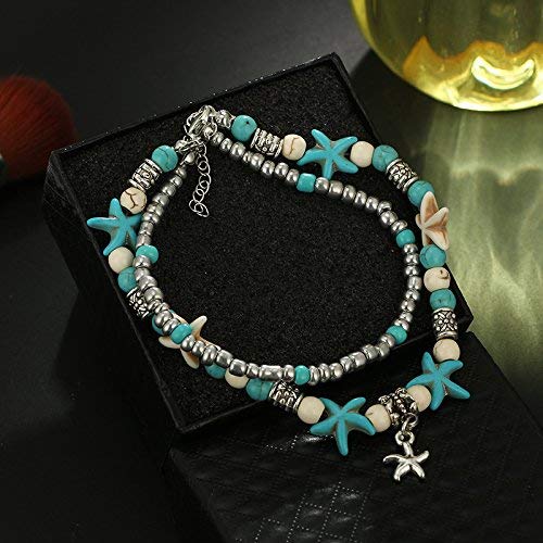 El Regalo Antique Silver Tone Multi Layer Turquoise Beach Beaded Bohemian Fashion Charm Anklets for Women & Girls (Star Charm)