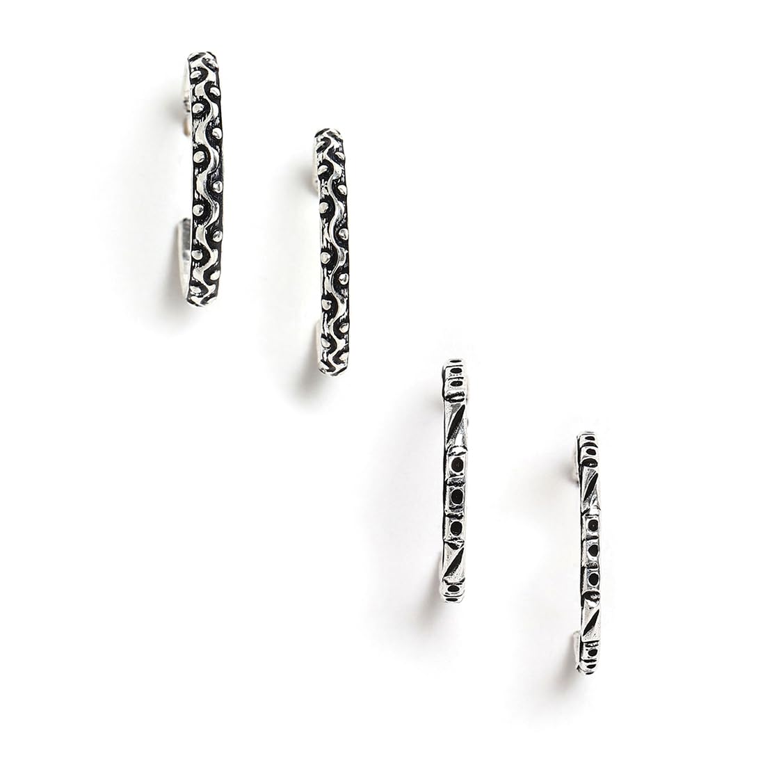 El Regalo 2 Pairs Tribal Oxidized Half Hoop Earrings, Huggie Earrings- Hammered Bohemian Oxidized German Silver Baali Earrings (Option-6)