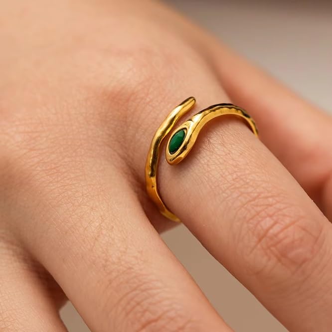 El Regalo Luxury Stainless Steel Snake Finger Ring- Waterproof Adjustable Snake Rings for girls & Women (Green Eye)