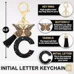 El Regalo Personalized Name Initials Butterfly Charm Keychain - Name Letter Keyring with Black & Golden Tassel & Butterfly Pendant, Purse, Bag, Backpack Accessory (C Letter)