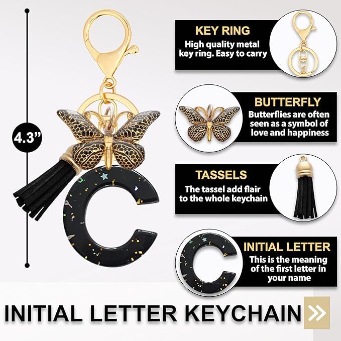 El Regalo Personalized Name Initials Butterfly Charm Keychain - Name Letter Keyring with Black & Golden Tassel & Butterfly Pendant, Purse, Bag, Backpack Accessory (C Letter)