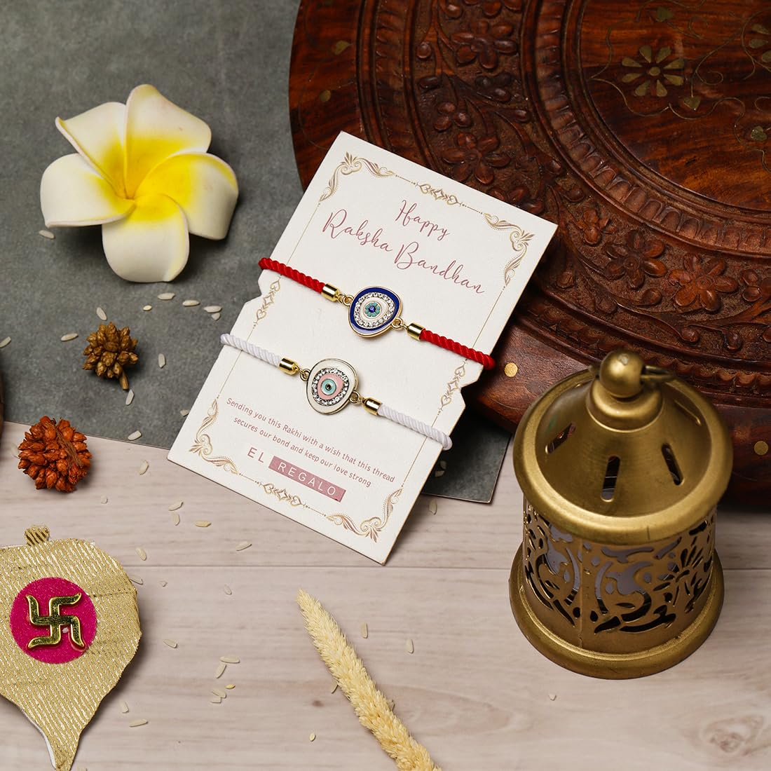 El Regalo Fancy 2PCs Evil Eye Rakhi Set for Brother with Roli Chawal & Rakhi Message Card - Lucky Protection Rakhi to Avoid Negative Energies for Brother/Sister-in-Law/Niece or Nephew (Option-2)