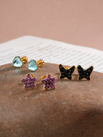 El Regalo 3 Pairs Cute Stainless Steel CZ Stud Earrings Combo for Kids/Girls/Teens/Women - Stars, Heart, Flower, Butterfly, Disco Ball, Stones - Hypoallergenic Flatback Earrings (Option-3)