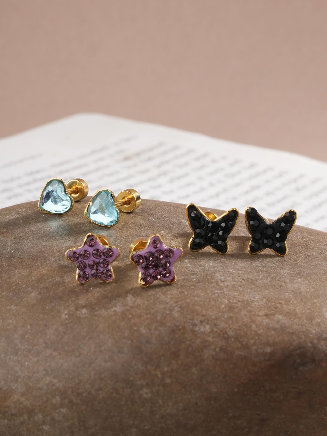 El Regalo 3 Pairs Cute Stainless Steel CZ Stud Earrings Combo for Kids/Girls/Teens/Women - Stars, Heart, Flower, Butterfly, Disco Ball, Stones - Hypoallergenic Flatback Earrings (Option-3)