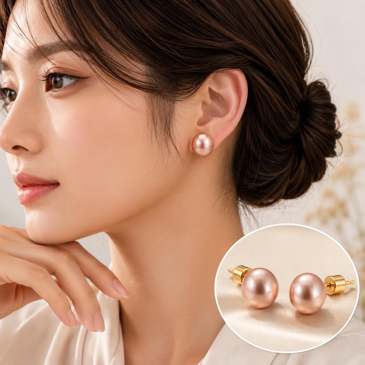 El Regalo Premium Pearl Stud Earrings for Women & Girls | Elegant Champagne Pink Pearl Earrings | Modern Minimalist Timeless Classic Studs | Statement Earrings