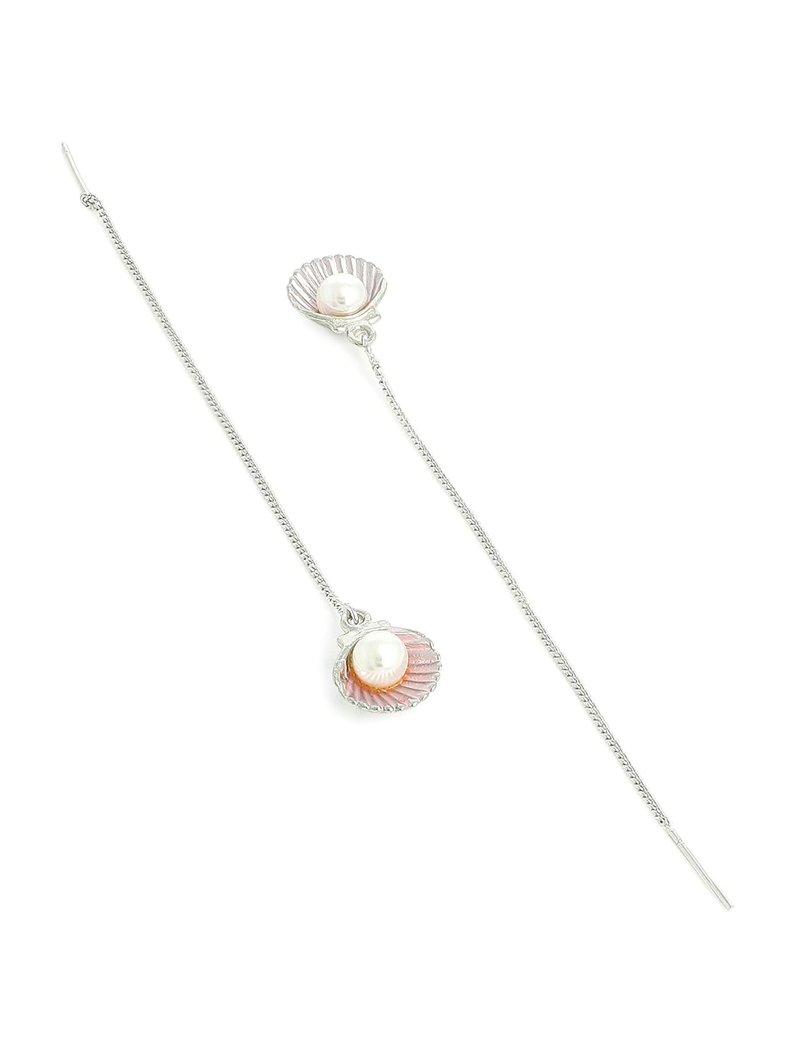 El Regalo 925 Silver Plated Minimalist Long Thin Linear CZ Elegant Threader Dangle Chain Earrings for Girls & Women (Pearl Shell Threader Earrings)