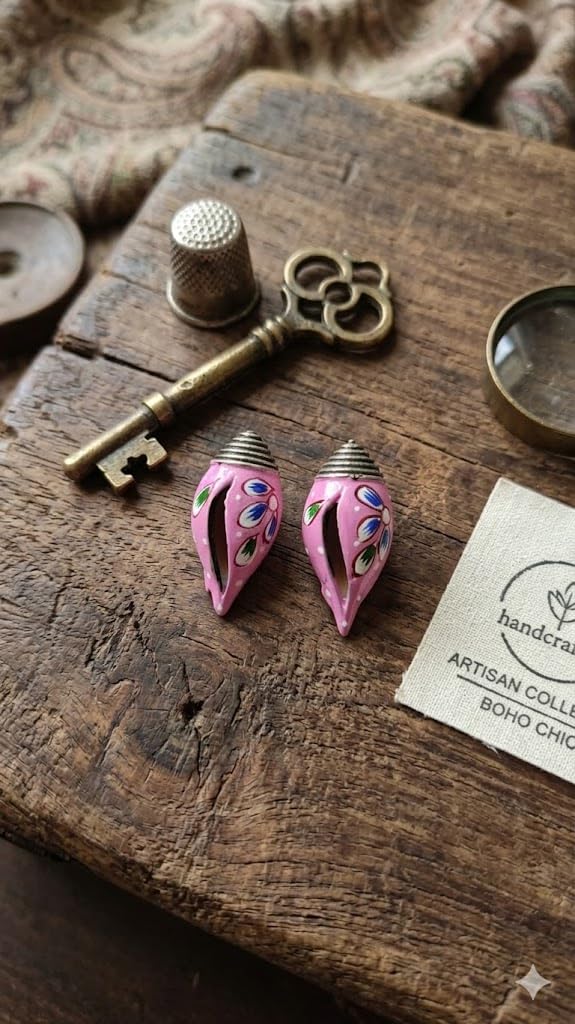 El Regalo Ethnic Hand-Painted Conch-Style Earrings for Women | Ethnic Boho Statement Earrings | Traditional Festival Earrings | Unique Handmade Drop Earrings (Pink)