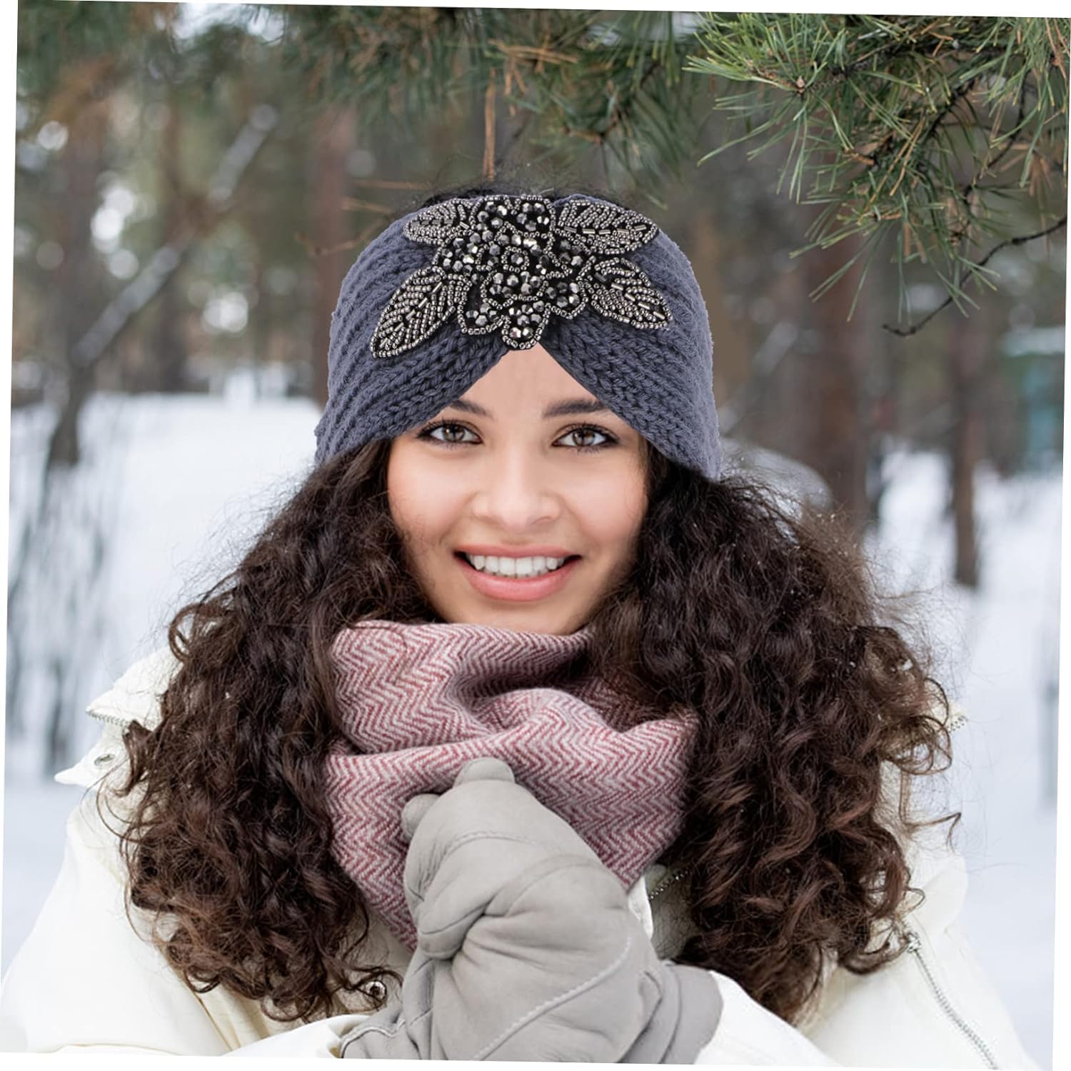 El Regalo 1 PC Winter Knitted Sequin Flower Headband Ear Warmer for Girls & Women - Headwrap with 3D Sequin flower- Ear Warmer Hair Muffs Band | Winter Designer Headbands (Grey)