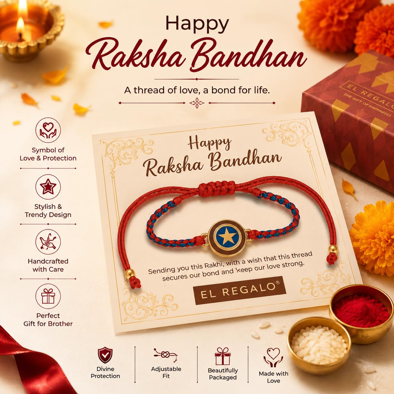 El Regalo Cute Rakhi for Brothers- Avenger, Bro, Om, Evil Eye & More | Handcrafted with Card, Roli Chawal & Rakshabandhan Box | Raksha Bandhan Bracelets for Kids, Brothers, Adults (Avenger Rakhi)