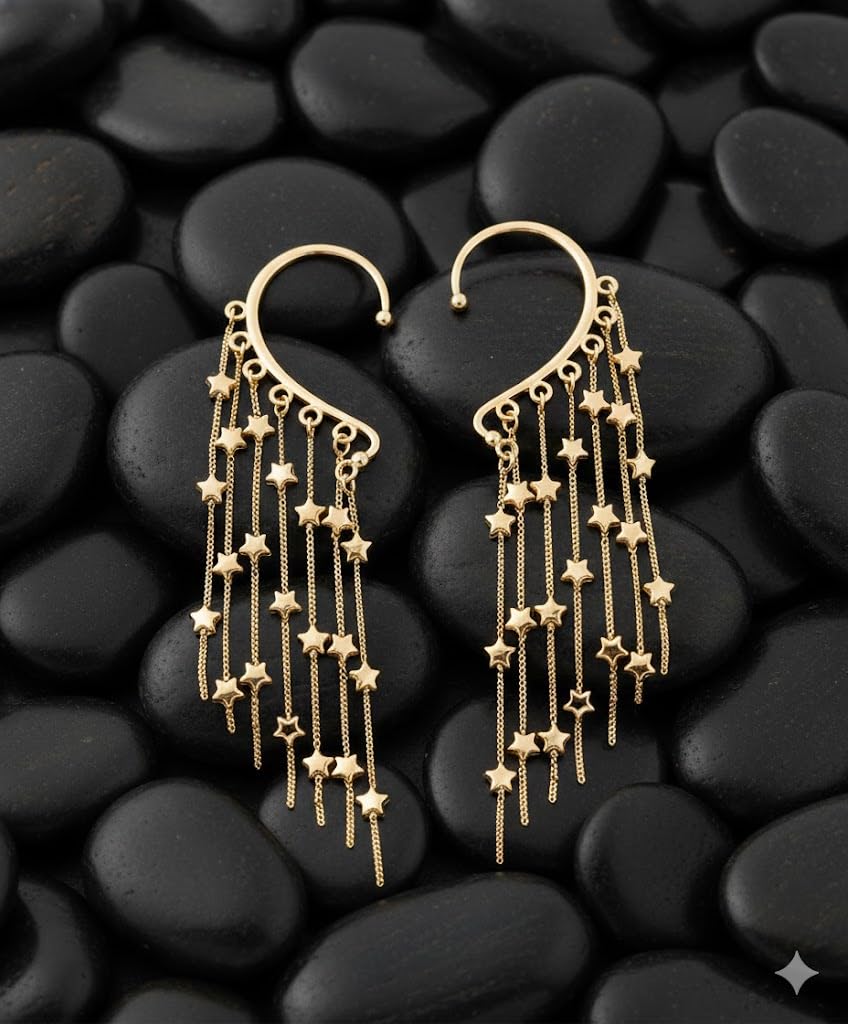 El Regalo Long Tassel Elf Ear Cuff Earrings for Women - Non Piercing Crawler Ear Wrap Bollywood Chandelier Dangle Earrings - Fairy Star & Spike Ear Clips (Stars Tassel)