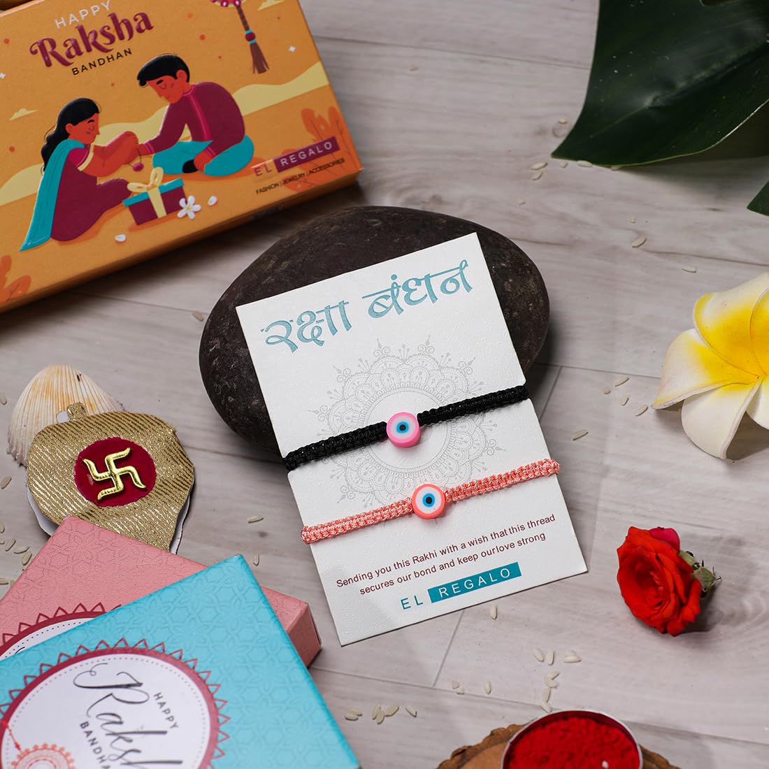 El Regalo 2PCs Rakhi Combo Set for Bhai-Bhabhi or Bhai-Bhatija/Bhatiji- 2 Evil Eye Rakhis Set with Roli Chanwal, Rakhi Card in Rakhi Gift Box (Option-3)