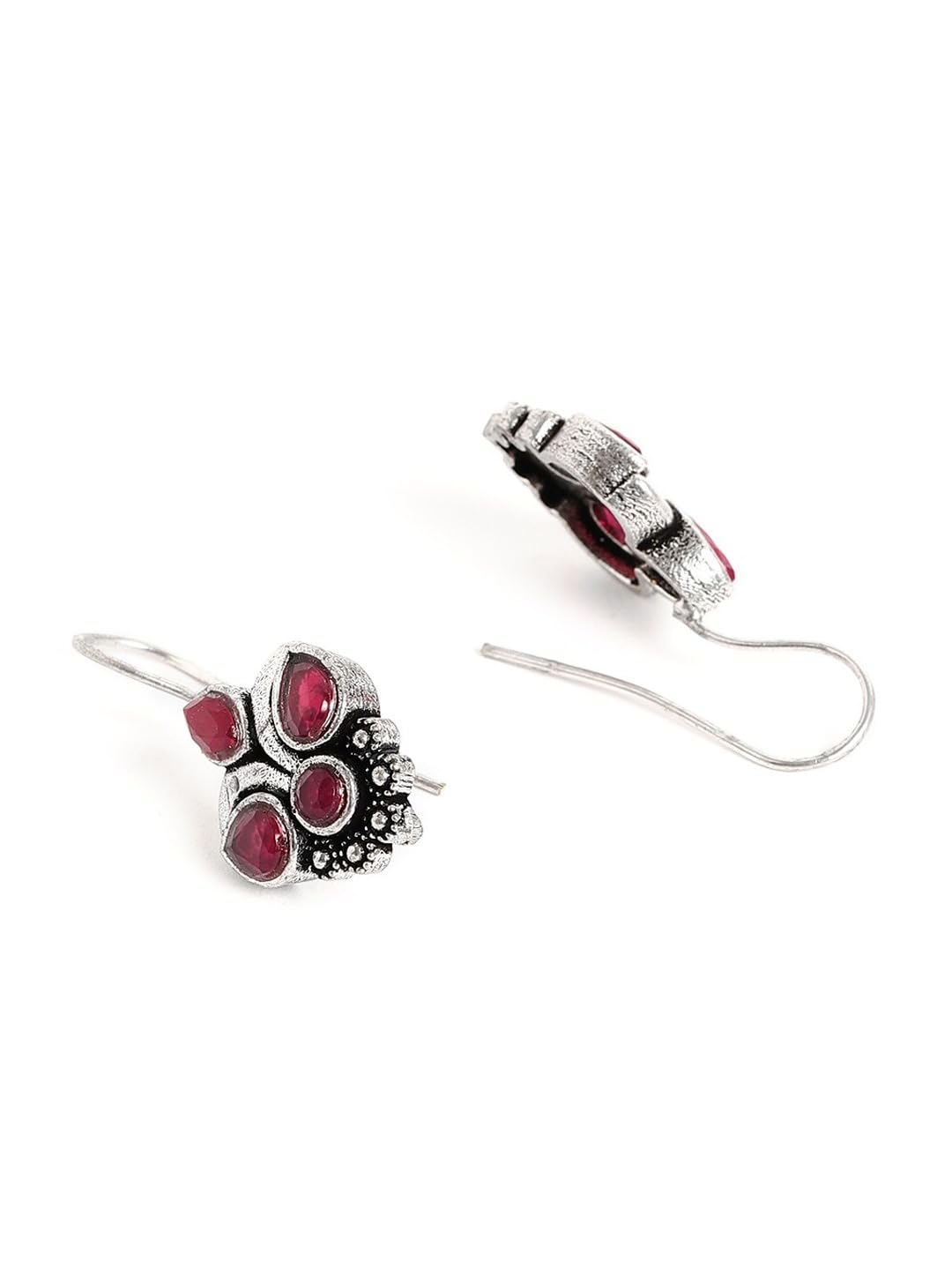 El Regalo Small Oxidized German Silver Stones Hook Earrings- Handmade Oxidized Indian Earrings (Cherry Pink)