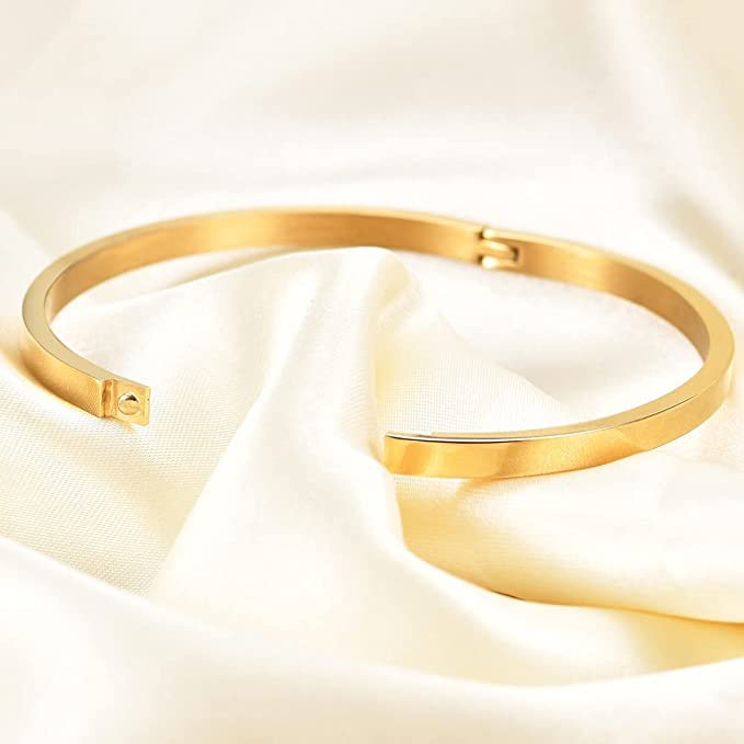 El Regalo 1 PC Titanium Stainless Steel Oval Hinged/Openable Bracelet Bangle for Girls & Women 4mm width (Gold Bangle/Bracelet)