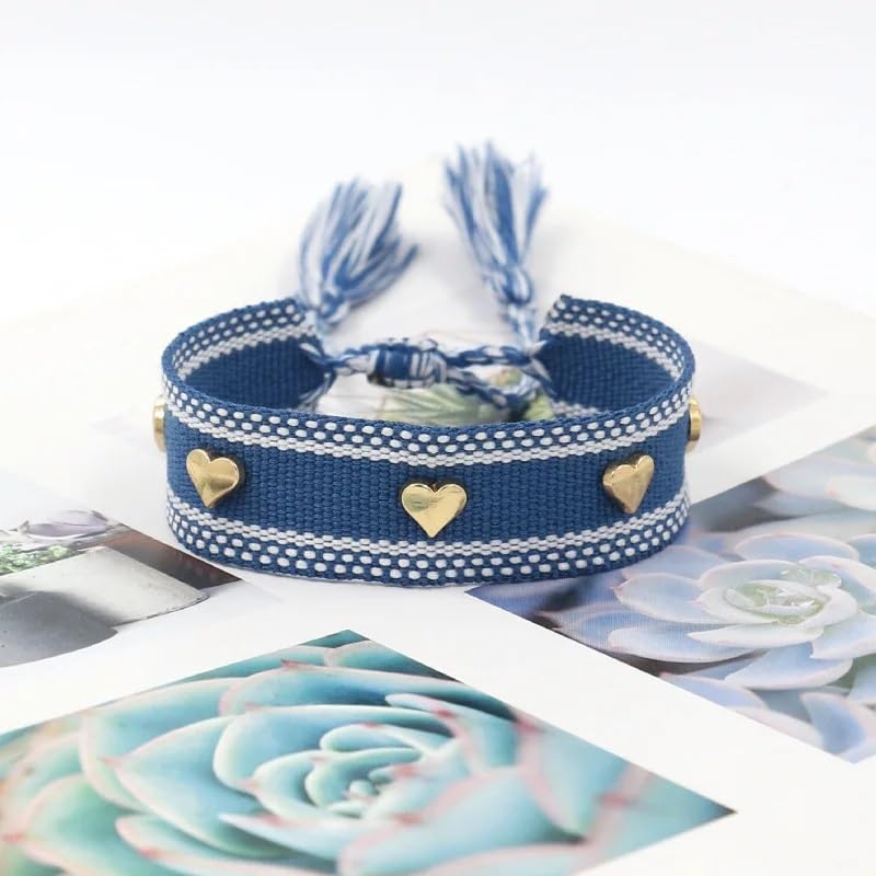 El Regalo Bohemian Style Heart Charm Rivet Tassel Unisex Bracelet | Handcrafted Woven Rope Bracelet with Golden Heart Charms and Adjustable Knot Closure (Blue)