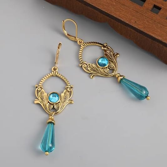 El Regalo Vintage Carved Ethnic Dangle Earrings for Women & Girls, Gold-Tone Boho Drop Earrings with Blue Crystal Teardrop, Party, Festive & Wedding Jewellery