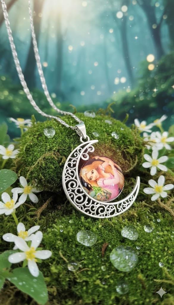 El Regalo Princess Crescent Moon Pendant Necklace for Girls- Enchanted Fairytale Character Jewelry with Filigree Detail, Silver-Tone Chain, Perfect Birthday Return Gift or Party for Toddlers and Kids (Style-1)