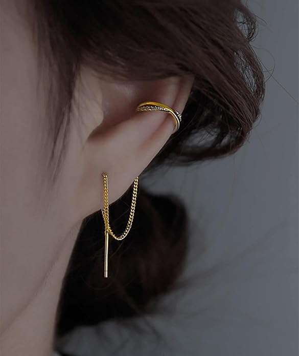 El Regalo Cubic Zirconia Cuff Chain Earrings for Women - Threader Earrings - Criss Cross & Braided Ear Cuff with Long Link Chain - Non-Piercing Cartilage Clip-on Jewelry Gift (Style-2)