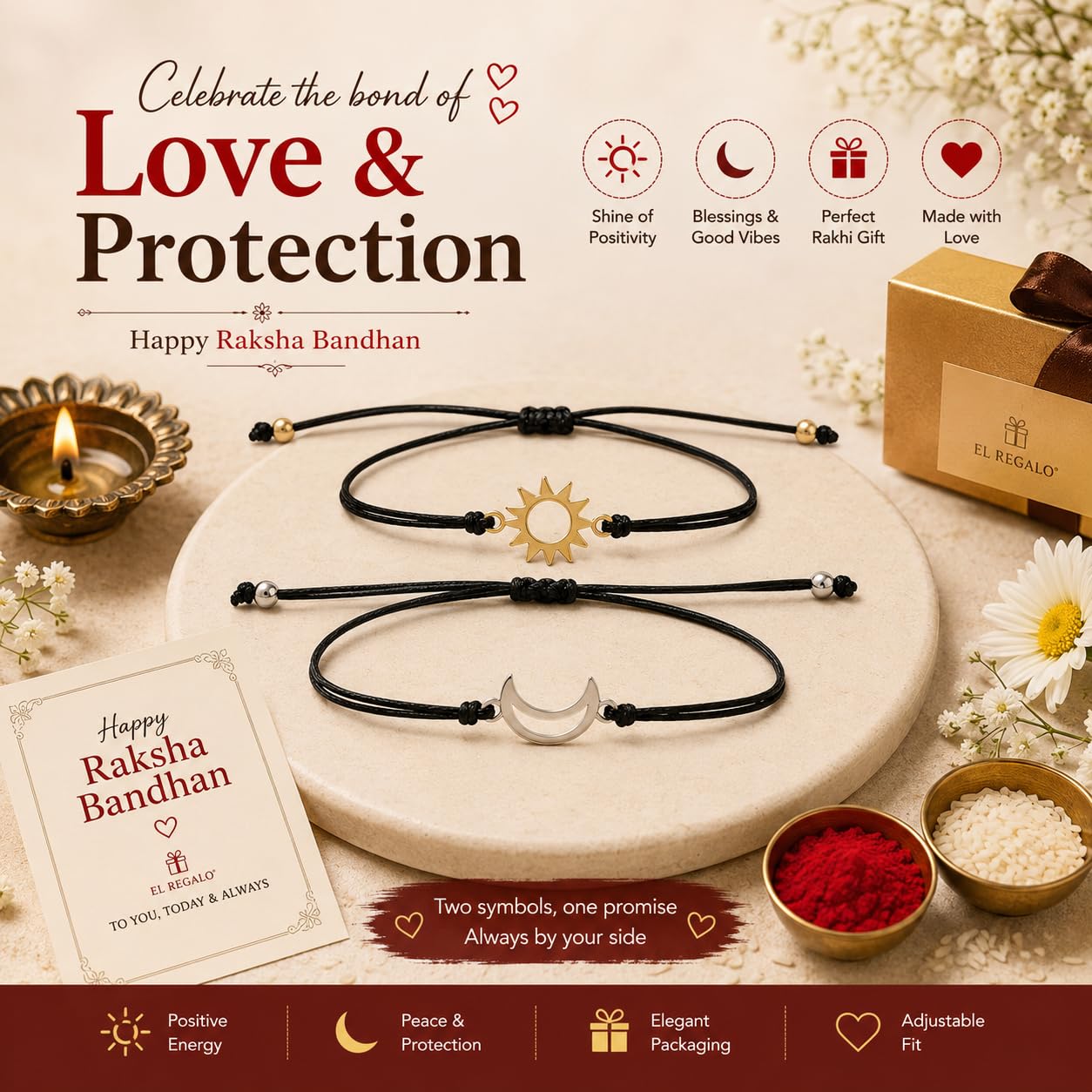 El Regalo 2PCs Sun Moon Adjustable Rakhis for Brother- Simple & Elegant 2 Rakhis with Roli Chawal, Message Card in Rakhi Box for Bhaiya-bhabhi