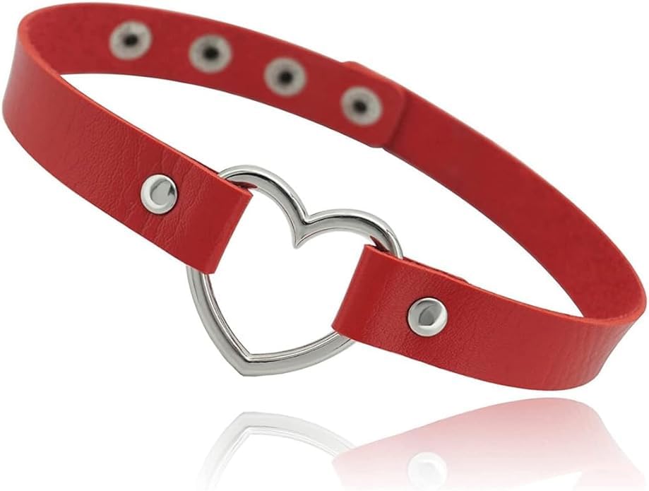 El Regalo Vintage PU Leather Love Heart Choker Necklace for Girls/Women- Western Gothic Punk Collar Choker Necklace (Red)