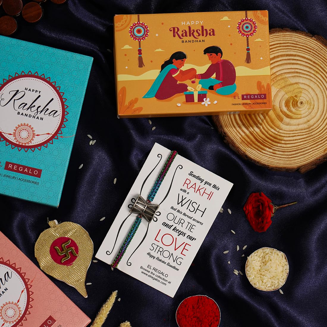 El Regalo Auspicious Shiva Damroo Mauli Thread Rakhi for Brother- Antique Damru Rakhi with Roli Chawal Shagun, Message Card in Rakshabandhan Gift Box (Multi Blue)