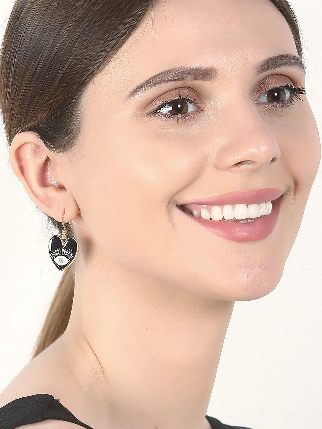 El Regalo 1 Pair Heart Evil Eye Enameled Hook Earrings - Dainty Evil Eye Hypoallergenic Heart Earrings for Girls & Women (Black Heart Evil Eye)