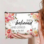 El Regalo 1 PC Canvas Cosmetic Bags Makeup Bags Travel Toiletry Pouch/ 10 x 7.5 inch Inspirational Gifts for Women Motivational Quotes Makeup Bag for Women Girls (She Believed She Could)