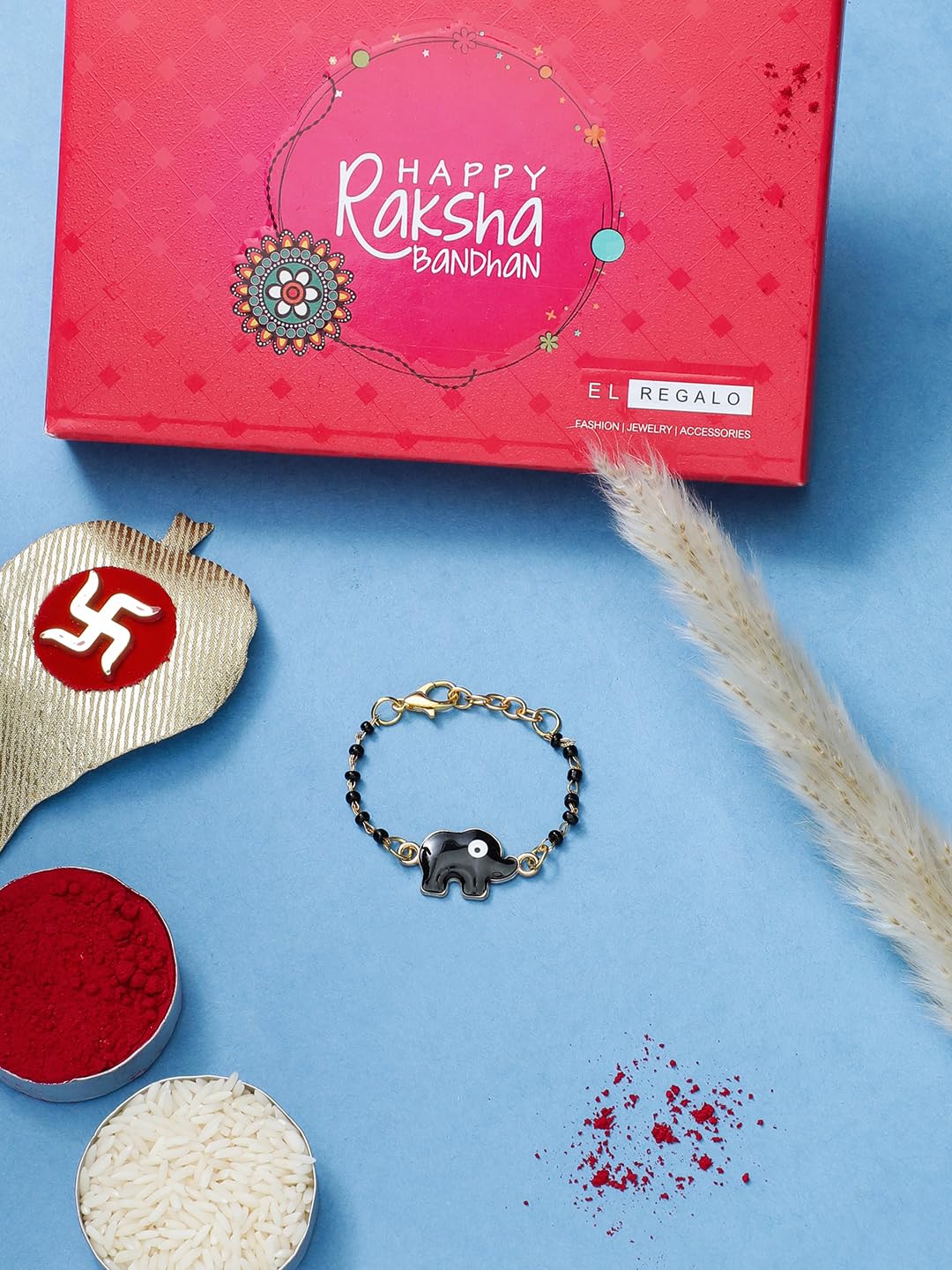 El Regalo Cute Evil Eye Nazaria Bracelet Rakhi for Babies/Kids with Roli Chawal, Rakhi Message card in Rakhi Gift Box- Baby Nazaria Rakhi (Black Elephant Nazaria Rakhi)