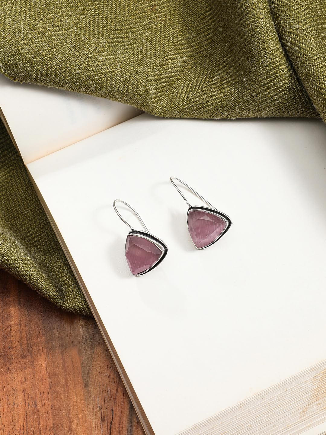 El Regalo 925 Silver Plated Hook Earrings for Women- Elegant Cushion Pyramid Half Bezel Stones (Pink)