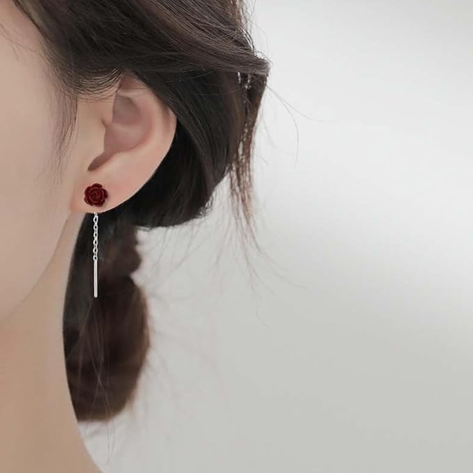 El Regalo Minimalist Flower Threader Earrings for Women & Girls | Cute Tiny Floral Chain Drop Earrings | Modern Style Dainty Long Tassel Earrings (Red Rose)