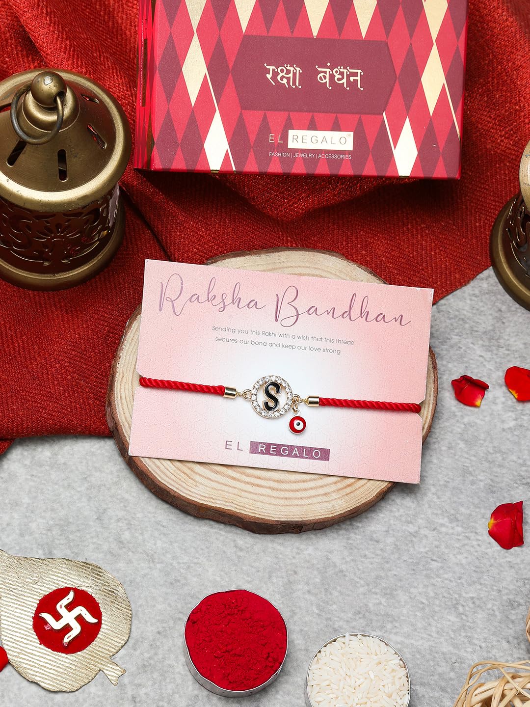 El Regalo Name Initials Evil Eye Bracelet Rakhi for Brother- Name Letter CZ Rakhi with Roli Chawal, Message Card in Rakshabandhan Box for Bhai (Red- S)