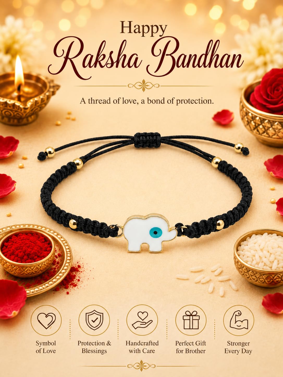 El Regalo 1PC Elephant Evil Eye Rakhi for Brother with & Message Card in Gift Box- Rakhi for Brother/Bhabhi/Niece or Nephew (White elephant Black)