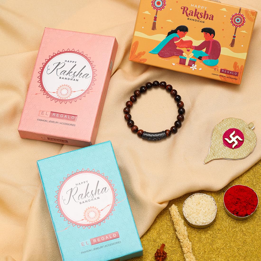 El Regalo 1 PC Natural Red Tiger Eye Stones with Antique Crown Charm Rakhi for Brother/Bhai- Designer Rakhi with Roli-Chawal Shagun, Rakhi Message Card in Rakhi Gift Box (Antique Charm Rakhi)