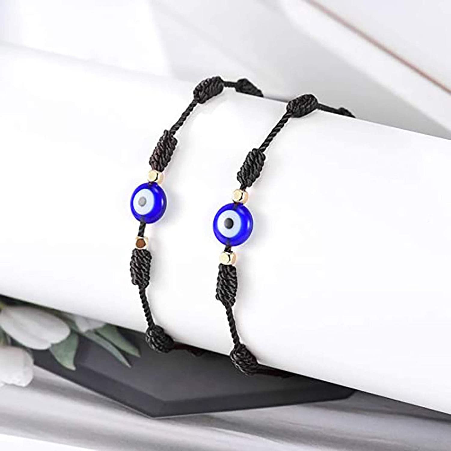 El Regalo 2PCs Lucky Evil Eye 7 Knots Handwoven Adjustable Bracelets - Protection 7 Knots Evil Eye Unisex Bracelet Set for All- Girls/Boys/Men & Women (2 Black Evil Eye)