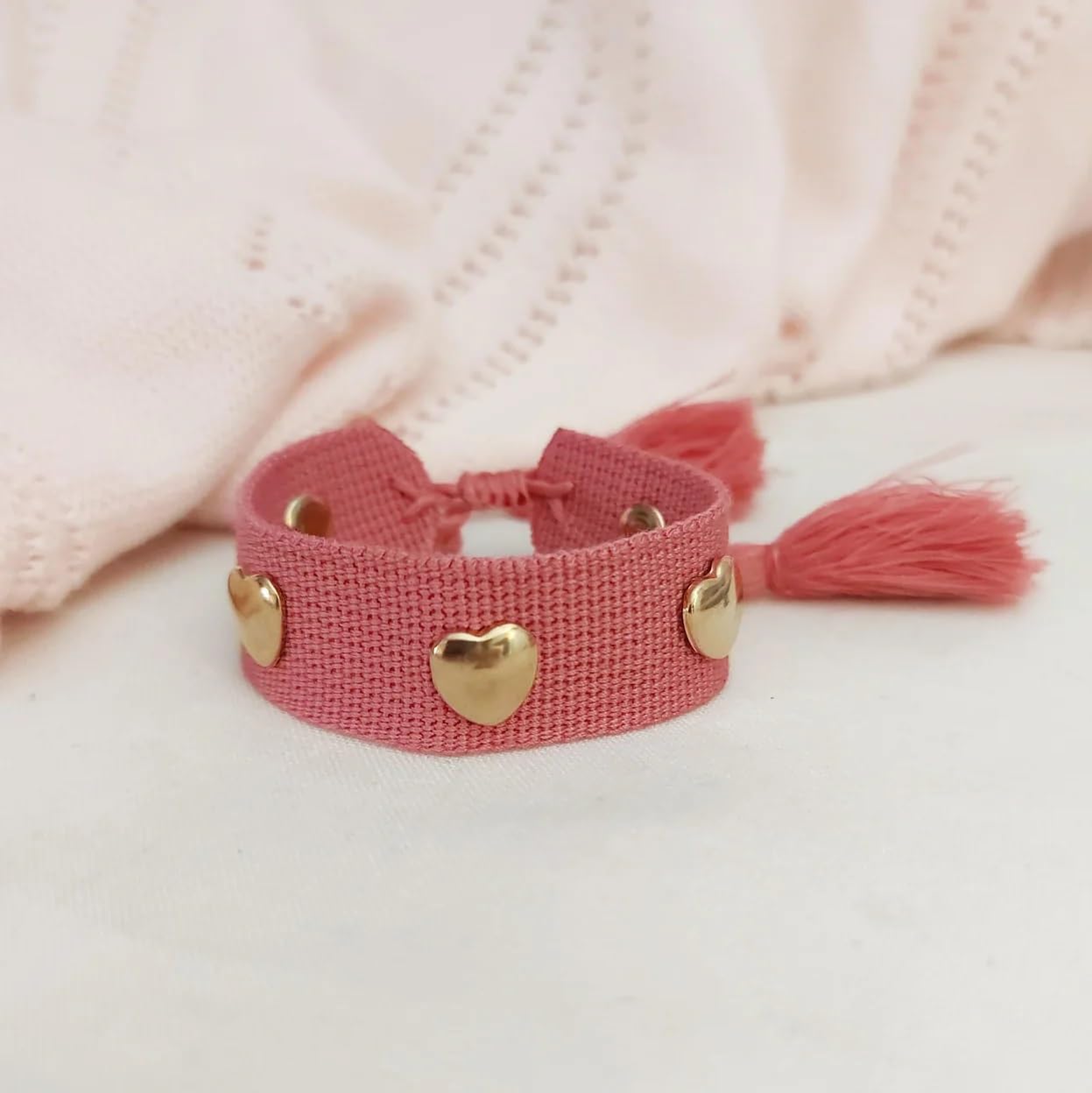 El Regalo Bohemian Style Heart Charm Rivet Tassel Unisex Bracelet | Handcrafted Woven Rope Bracelet with Golden Heart Charms and Adjustable Knot Closure (Berry Pink)