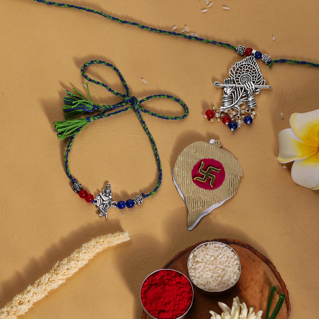 El Regalo Designer Bhaiya- Bhabhi Rakhi Luma/Lumba Set- Kundan, Pearls Rakhi with Roli Chawal in Gift Box- Luma Convertible into Necklace (Option-8)