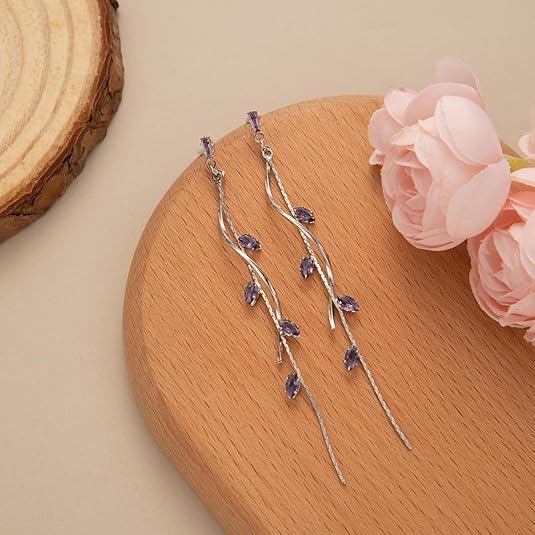 El Regalo Long Copper Zirconia Rhinestone Leaf Drop Dangle Earrings for Women | Korean Style Vine Fringe Earrings | Classy Party, Wedding & Casual Earrings Jewelry (Purple Silver)