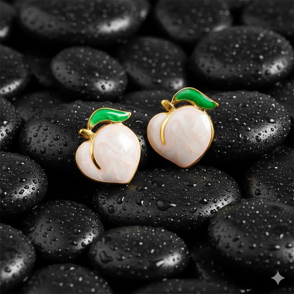 El Regalo Cute Gold Plated Stainless Steel Oil Drop Peach Stud Earrings for Girls & Women | Hypoallergenic Fruit Themed Fashion Earrings (White)