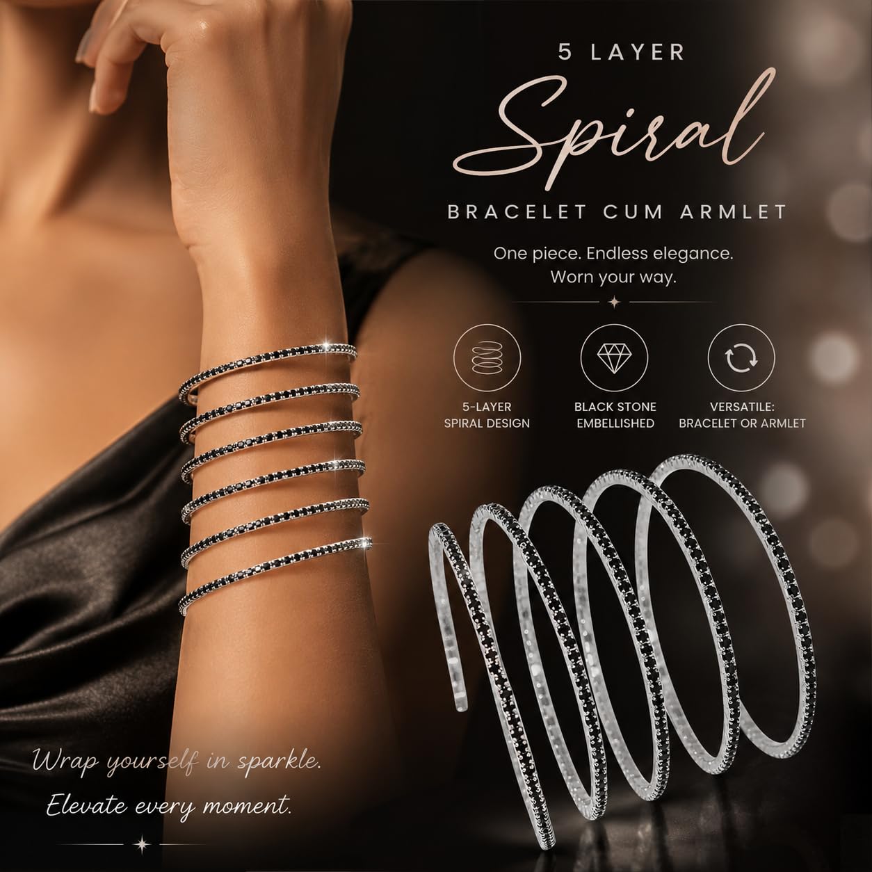 El Regalo Premium CZ Studded Layered Flexible Bracelet Cum Armlet for Women & Girls | Fancy Western Spiral Wrap Bracelet | Adjustable Crystal Stone Arm Cuff Bangle | Party, Wedding & Western Jewellery (Black-Silver)