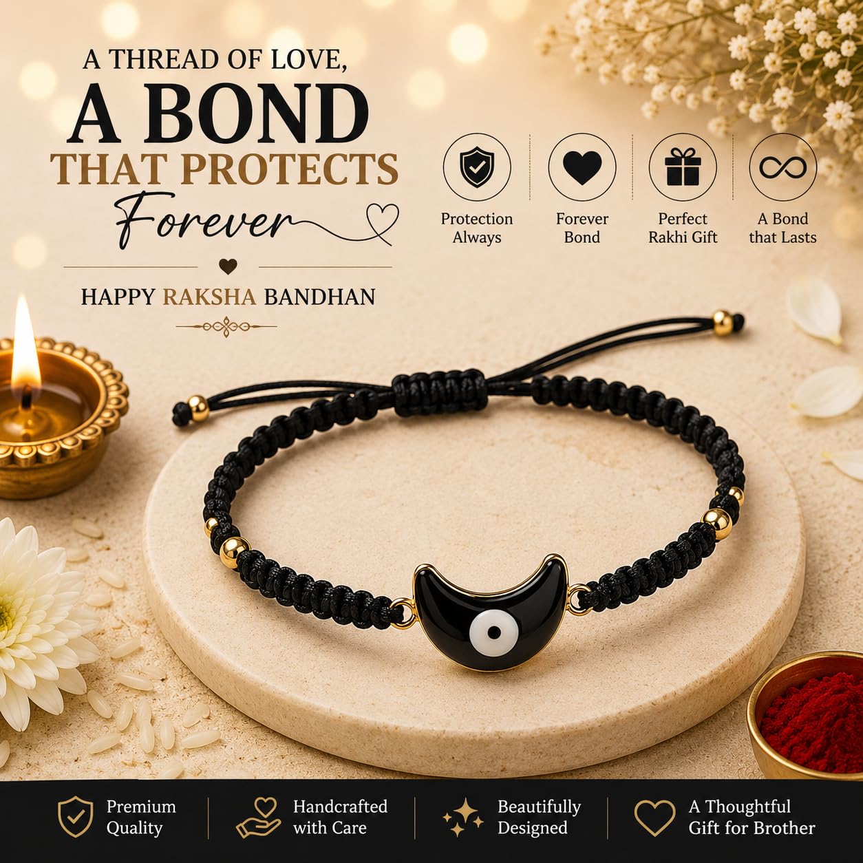 El Regalo Crescent Moon Evil Eye Bracelet Rakhi for Brother with Roli Chawal in Gift Box (Moon Evil Eye- Black)