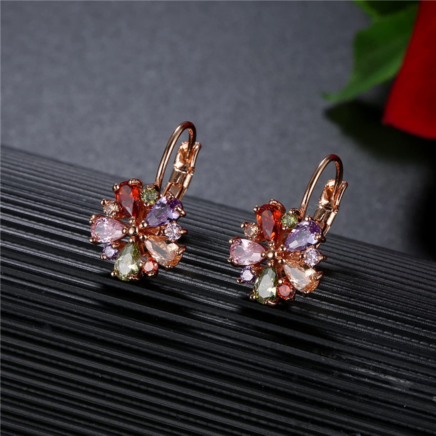 14K Rose Gold Huggie Stud Earrings for Women Gold Hoop Earrings Multicolored Crystal Elements Fashion Bridal Jewelry, Brass, crystals