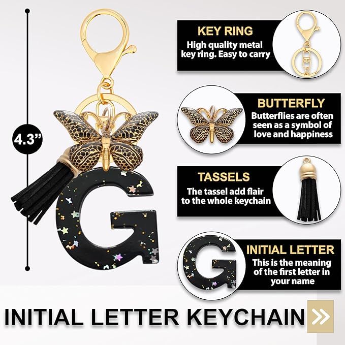 El Regalo Personalized Name Initials Butterfly Charm Keychain - Name Letter Keyring with Black & Golden Tassel & Butterfly Pendant, Purse, Bag, Backpack Accessory (G Letter)