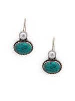 El Regalo 1Pair Cute Oxidized 925 Silver Plated Pearl & Stones Hook Earrings for Girls/Women- Silver Lookalike Handmade Oxidized Brass Hook Traditional Earrings with Stones & Pearls (Turquoise Green)