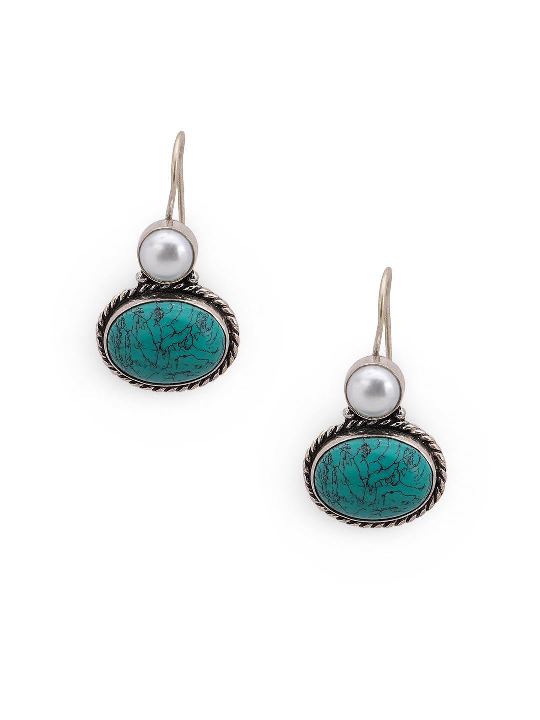 El Regalo 1Pair Cute Oxidized 925 Silver Plated Pearl & Stones Hook Earrings for Girls/Women- Silver Lookalike Handmade Oxidized Brass Hook Traditional Earrings with Stones & Pearls (Turquoise Green)