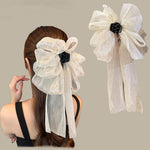 El Regalo Shimmering Big Bow Hair Claw Clips for Girls & Women- Fancy Chiffon Silk Hair Clip with Rhinestone, Large Hair Jaw Clips, Fabric Floral Bows Hair Accessories (Black)